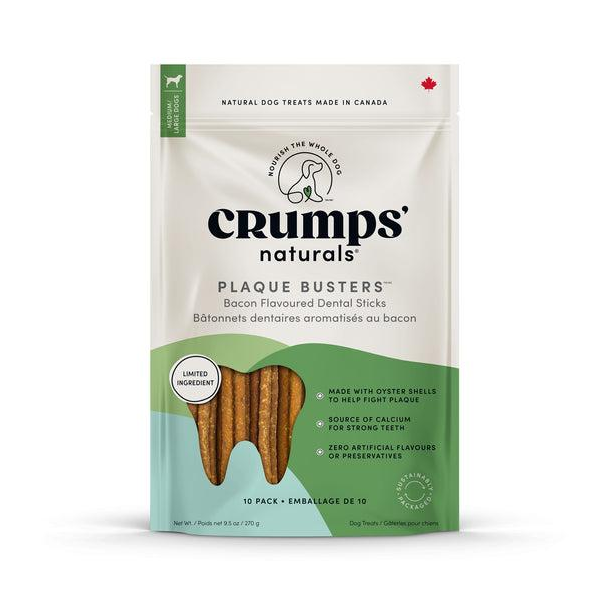 Crumps' Naturals Plaque Busters Bacon Dental Sticks Dog Treats, 7-in, 10-pk